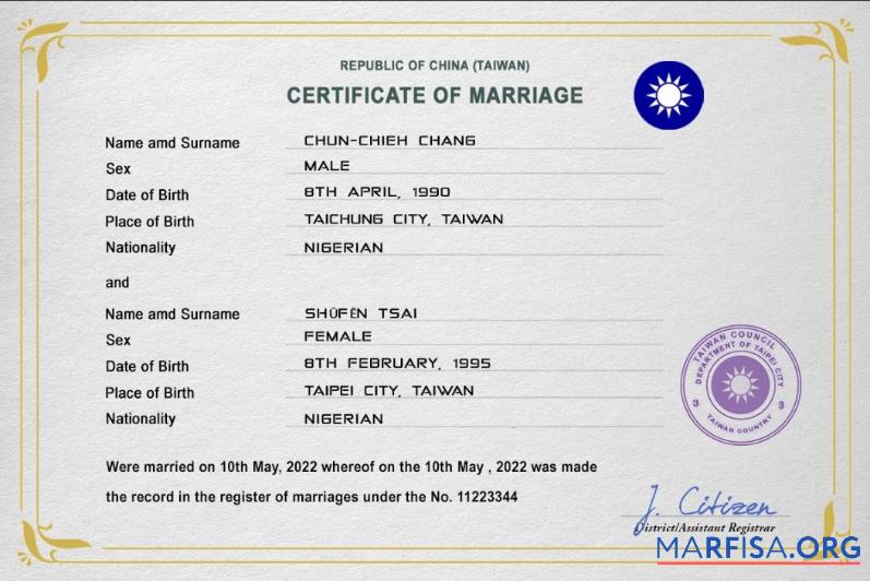 Realistic Taiwan marriage certificate PSD template